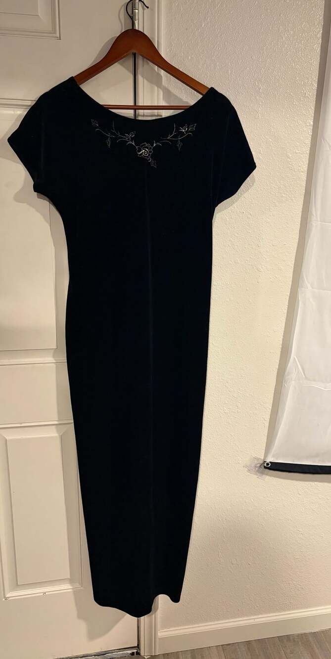 Danielle Casey Vintage Black Velvet Maxi Dress with Floral Beaded Embroidery